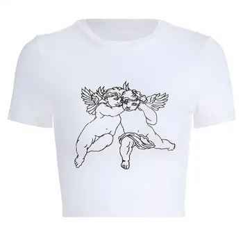 Kvinder Sommeren kortærmet T-Shirt Sød Engel, Print Harajuku Bomuld Slanke Afgrøde Top Y1QD