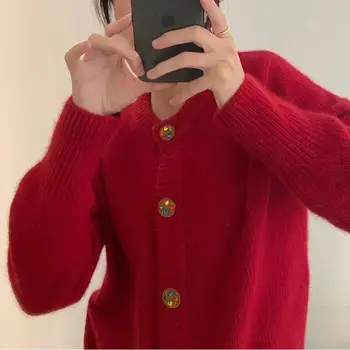 Kvinder Strikkede Cardigans Sweater Fashion Vinter Med Lange Ærmer Løs Frakke Casual-Knappen For Tyk O-Hals Solid Overdele 2021 Og3