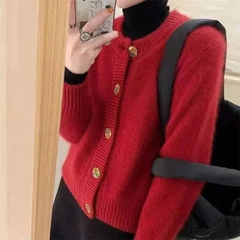 Kvinder Strikkede Cardigans Sweater Fashion Vinter Med Lange Ærmer Løs Frakke Casual-Knappen For Tyk O-Hals Solid Overdele 2021 Og3