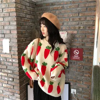 Kvinder Sweater 2021 Efterår og Vinter nye koreanske Gulerod trykt pullover mode Løs Long-sleeve tyk studerende varm casual jakker