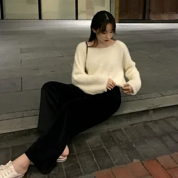 Kvinder Sætter Elegante Bred Ben Bukser Solid Sweater Casual Korean Style Retro Klassiske Komfortabel Elastisk Talje Studerende Enkel Ny
