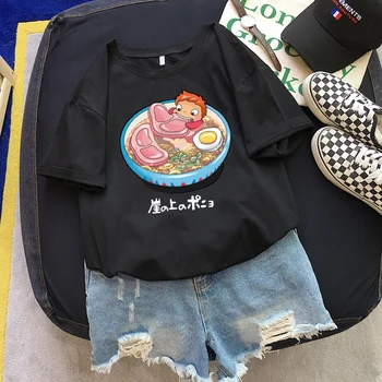 Kvinder T-shirt 2021 Harajuku Søde Kat Spiser Noodle Print Top Mode Retro Løs T-shirt Sommer Sort koreanske Ins Stil Tøj