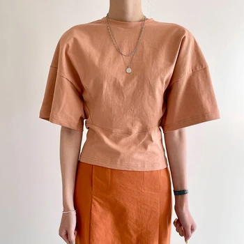 Kvinder T-Shirt 2021 Sommeren Koreanske Smarte Alder-At Reducere Candy Farve, Design, Rund Hals Tynd Talje Fem-Punkt Ærme Pullover