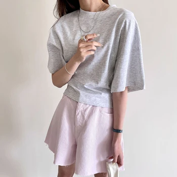 Kvinder T-Shirt 2021 Sommeren Koreanske Smarte Alder-At Reducere Candy Farve, Design, Rund Hals Tynd Talje Fem-Punkt Ærme Pullover