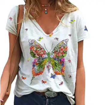 Kvinder T-Shirt Dekorative Komfortable V-Hals Krave Butterfly Kortærmet T-Shirt Mode Afslappet Tops Tees
