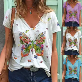 Kvinder T-Shirt Dekorative Komfortable V-Hals Krave Butterfly Kortærmet T-Shirt Mode Afslappet Tops Tees