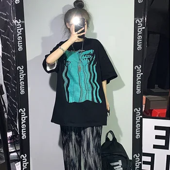 Kvinder T-shirt i Overstørrelse, Hip Hop Dropshipping koreanske Streetwear Harajuku Tees Y2k Toppe Sort Bomuld kortærmet Gotisk Tøj