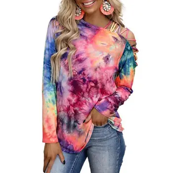 Kvinder Toppe batik Print-med Lange Ærmer Mode Off Skulder Hule T-shirt fra skulder og tie dye smarte Toppe Kvinder 2021