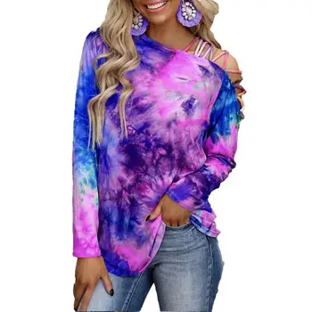 Kvinder Toppe batik Print-med Lange Ærmer Mode Off Skulder Hule T-shirt fra skulder og tie dye smarte Toppe Kvinder 2021