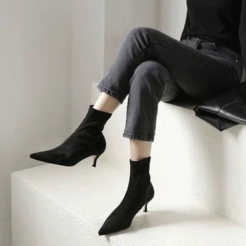 Kvinder Tynd Hæle Ankel Støvler Damer Pegede Ruskind Korte Boot Kvindelige Elegante Mode Kontor Sko Solid Hot Stil 2021 Ny