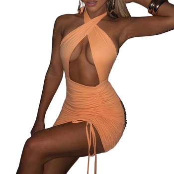 Kvinder\u2019s Sexet Bandage Halterneck Kjole Mode Solid Farve Hule Snor Stram, Kort Kjole