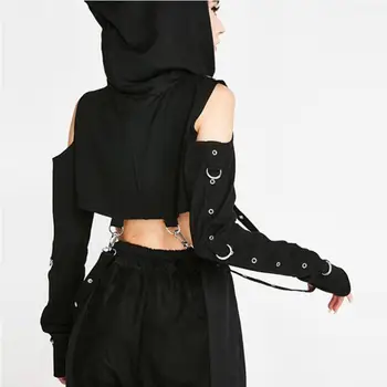 Kvinder unikke hættetrøjer top med ligtorne stiching sort skjorte hoody