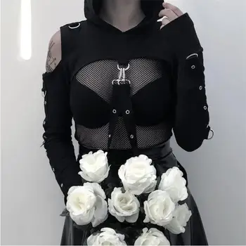 Kvinder unikke hættetrøjer top med ligtorne stiching sort skjorte hoody