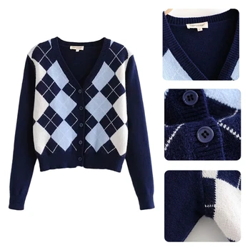 Kvinder Vintage Slank Sweater Cardigan Rhombus Mønster V-Hals Knapper Strikket Frakke Y1AC