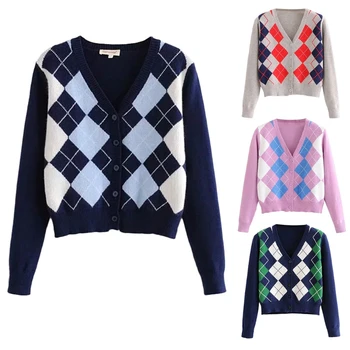 Kvinder Vintage Slank Sweater Cardigan Rhombus Mønster V-Hals Knapper Strikket Frakke Y1AC