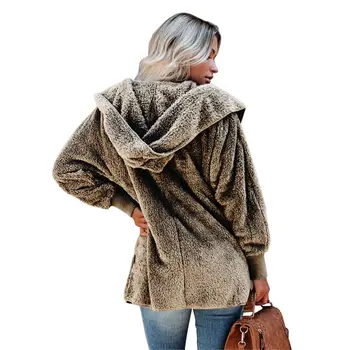 Kvinder Vinteren Sherpa Fleece Cardigan Med Hætte Tyk Teddy Fluffy Cardigan Plus Size Bløde Vinter Streetwear Jakker