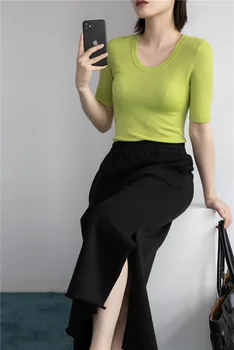Kvinders 2021 foråret slank temperament uld U-hals medium ærmet trøje ensfarvet top