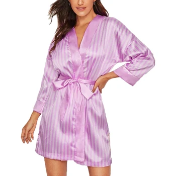 Kvinders 3stk Sexet Pyjamas Sæt Blonder Cami Pjs med Shorts + Satin Skjorte Bluse med Bælte i Taljen Stribet Nattøj Sæt Nattøj