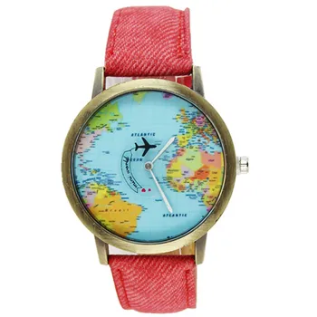 Kvinders armbåndsur Ny Global Rejse Med Fly, Kort Kvinder Dress Watch Denim Stof Band 2018 Mærkevarer Ure kvinders ure