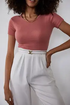 Kvinders Farve Rose Tilbage Detaljeret Kort-Ærmet Bluse CASUAL Fleksibel, Standard, Bomuld ikke svede, stribet Mode Moderne Design -, Fritids -