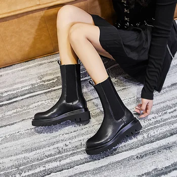 Kvinders fashion party banket platform støvler i ægte læder sko sort chelsea boot foråret efteråret ridder botas de mujer zapato