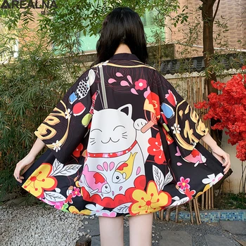 Kvinders Kimono Cardigan Japansk Mode Lucky Cat Animationsfilm Lejligheder Bluser og Skjorter Kimonoer Sommer, Strand og Cape Traditionelle Tøj