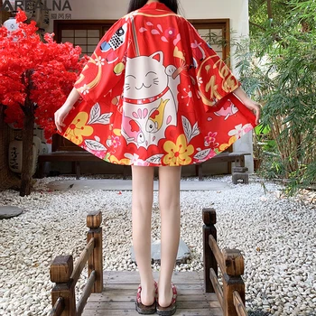 Kvinders Kimono Cardigan Japansk Mode Lucky Cat Animationsfilm Lejligheder Bluser og Skjorter Kimonoer Sommer, Strand og Cape Traditionelle Tøj