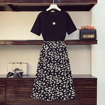 Kvinders mode sommeren trendy lille daisy blomstret nederdel + korte ærmer sort skjorte to-stykket plus størrelse passer til L-4XL