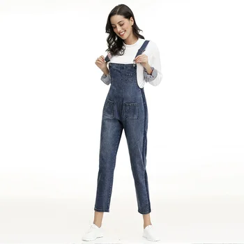 Kvinders mode vasket denim overalls slank montering side stribe seler ankel længde casual jeans plus size L-8XL