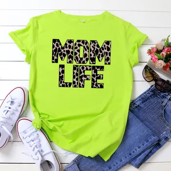 Kvinders Neon Kort-langærmet Mødre Tøj Ladies T-shirt i Retro T-shirt Top med Leopard Print Mødre Liv Brev Print T-shirt til Sommeren