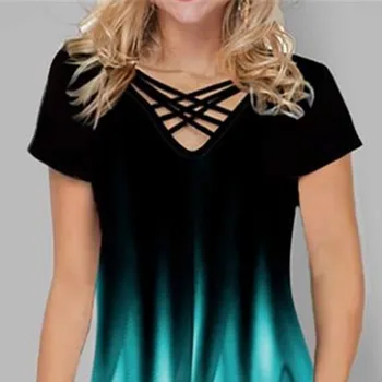 Kvinders New Gradient Udskrivning Mode Afslappet kortærmet V-Neck T-Shirt Grøn