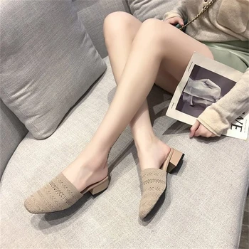 Kvinders sko, tøfler 2021 sommeren nye koreanske mode firkantet tå tyk med flyvende vævet one-step Baotou halvdelen tøfler
