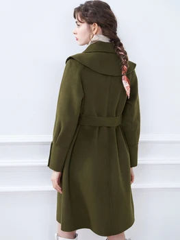 Kvinders Tøj 2021 Efteråret Nye Army Grøn Sjal snøre Dobbelt over Uld Frakke Tweed Frakke