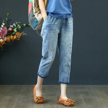 Kæreste Ripped Jeans Til Kvinder Casual Vintage Elastisk Talje Jeans Denim Harem Bukser mødre jeans mujer
