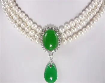 Lady ' s fineste tilbehør! 3 Rækker hvid perle med 7-8mm grøn jade Vedhæng Halskæde