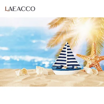 Laeacco Sommeren Tropisk Strand Barnlige Sejlbåd Shell Søstjerner Solskin Plam Træ Baby Fotografisk Baggrund Billede Som Baggrund