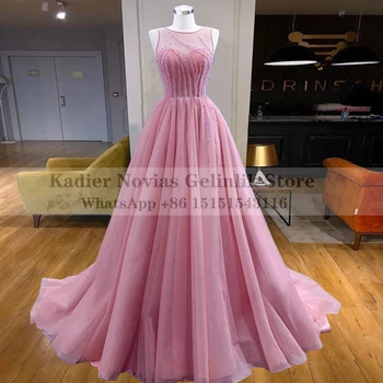 Lang Bold Kjole Pink arabisk Aften Kjoler 2021 Juvel Hals Tyl med Perler Bryllup, Prom Formel Kjole Robe Sirene Soiree