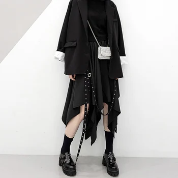 Lange Gotiske Dame Harajuku Nederdel Sort Punk Uregelmæssige Længde Pige Nederdel Nitter Bånd Spænde Sommeren Koreansk Mode Street Klud