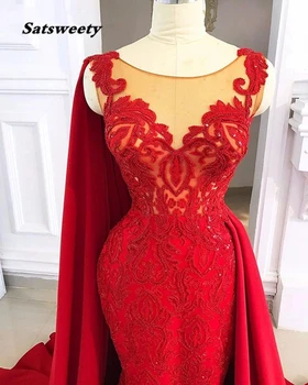 Lange Røde Kvindelige Kjole Til Aften I 2021 Havfrue Vintage Blonder Afrikanske Kvinder Part Formelle Aften Kjoler Med Sjal