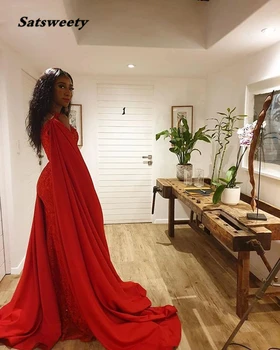 Lange Røde Kvindelige Kjole Til Aften I 2021 Havfrue Vintage Blonder Afrikanske Kvinder Part Formelle Aften Kjoler Med Sjal