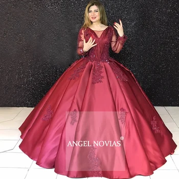 Lange Ærmer Bourgogne Muslimske Bolden Kjole arabisk Kjole til Aften i 2020 Satin Kvinder Elegant Prom Party Dress vestido de noche