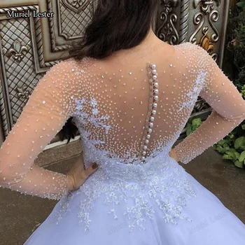 Lange Ærmer Hud Satin Bolden Kjole Brudekjoler 2020 Elegante Krystaller Perlebesat Kjole Brudekjoler Sweep Train Tilpasse Kjole