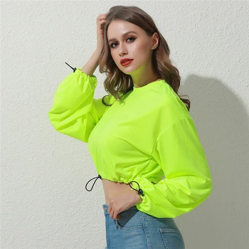 Langærmet Hættetrøje Sweatshirt Kvinder Afslappet Slank Pullover Neon Grøn Sweatshirt O-hals Solid Sweatershirt Harajuku Toppe Hættetrøje