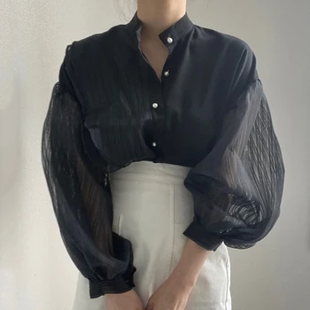 Lanterne Ærme Elegant Skjorte Bluse Hvid Sort Sexet Knappen Vintage Turn Down Krave Kontor Damer Shirt Kvindelige Casual