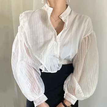 Lanterne Ærme Elegant Skjorte Bluse Hvid Sort Sexet Knappen Vintage Turn Down Krave Kontor Damer Shirt Kvindelige Casual