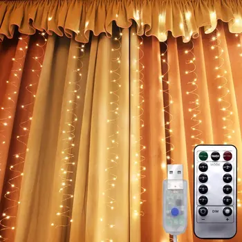Led Curtain Lys Usb Med Fjernbetjeningen 3x3 Meter 300 Lys Krog Type Gardin Lys Til Indendørs og Udendørs Udsmykning