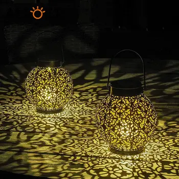 LED Solar Power-Lampen Metallisk Hule Ud Lanterne Udendørs Solenergi Lys Gårdhave Villa Hængende Lamper