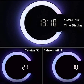 LED Væg Ur, Fjernbetjening Digital Wall Clock Kreative LED Spejl Væg Ur med Alarm/Temperatur-Ring