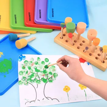 Legetøj til børn 4stk/masse Træ-DIY Maleri Svamp, Børste Toy Håndtere Baby Pædagogisk Doodle at Tegne Graffiti Værktøjer