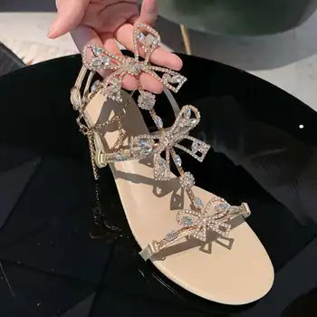 Lenkisen åben tå med hæle slingback rhinestone diamant sommerfugl knude skinnende fe solidt spænde stropper sandaler kvinder L 39